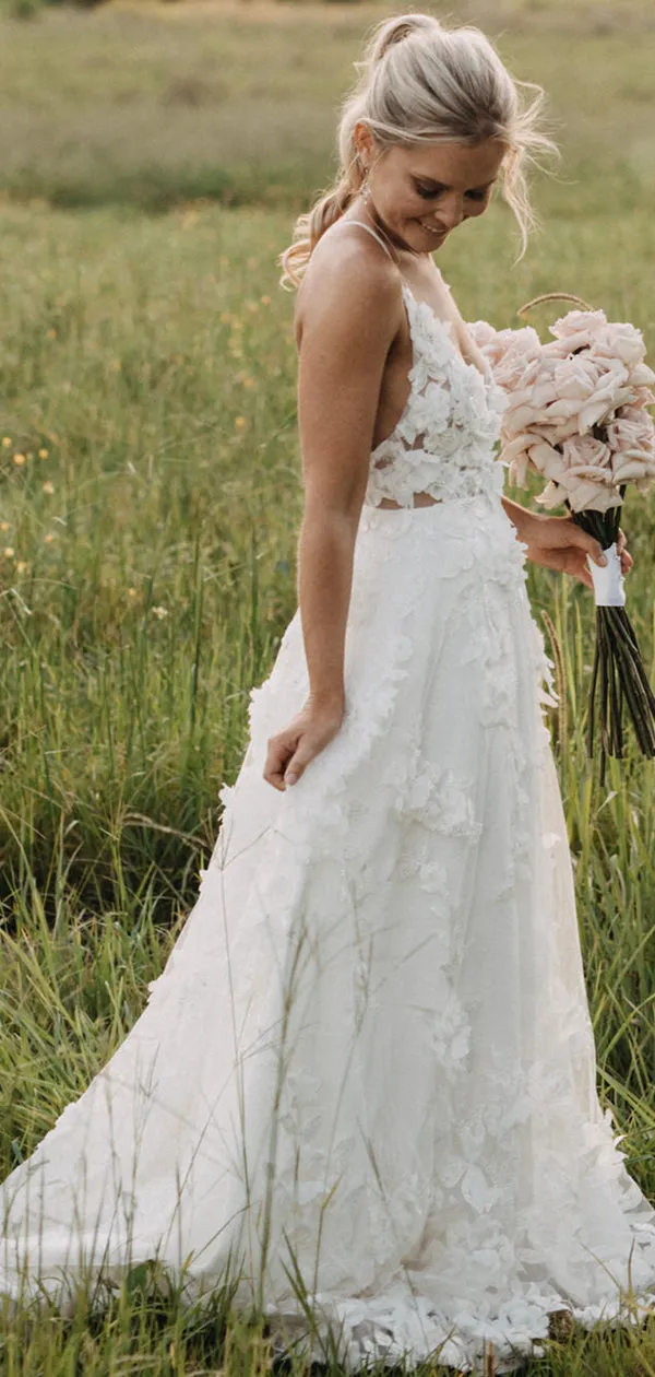 A Line Backless Straps White Tulle Wedding Dresses With Appliques