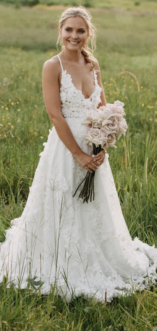 A Line Backless Straps White Tulle Wedding Dresses With Appliques