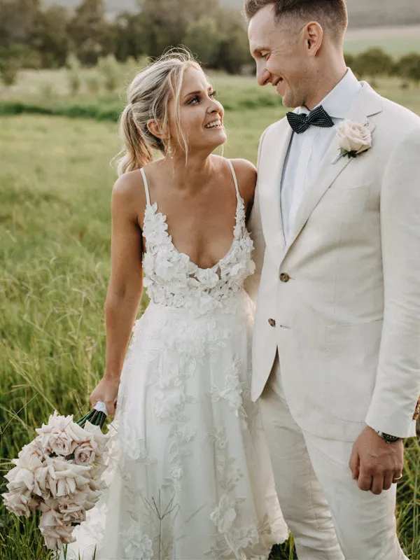 A Line Backless Straps White Tulle Wedding Dresses With Appliques