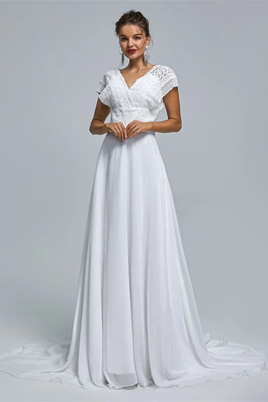 A-Line Chiffon V-Neck Applique Floor-Length Wedding Dresses