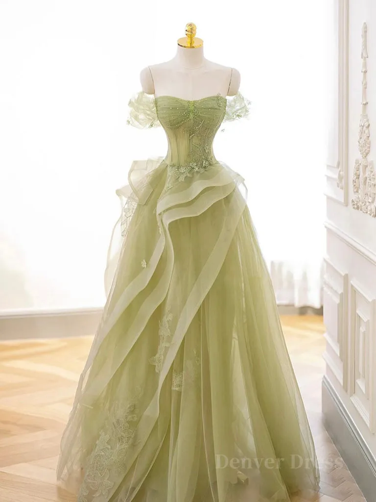 A-Line Off Shoulder Green Lace Long Prom Dress Green Formal Dress