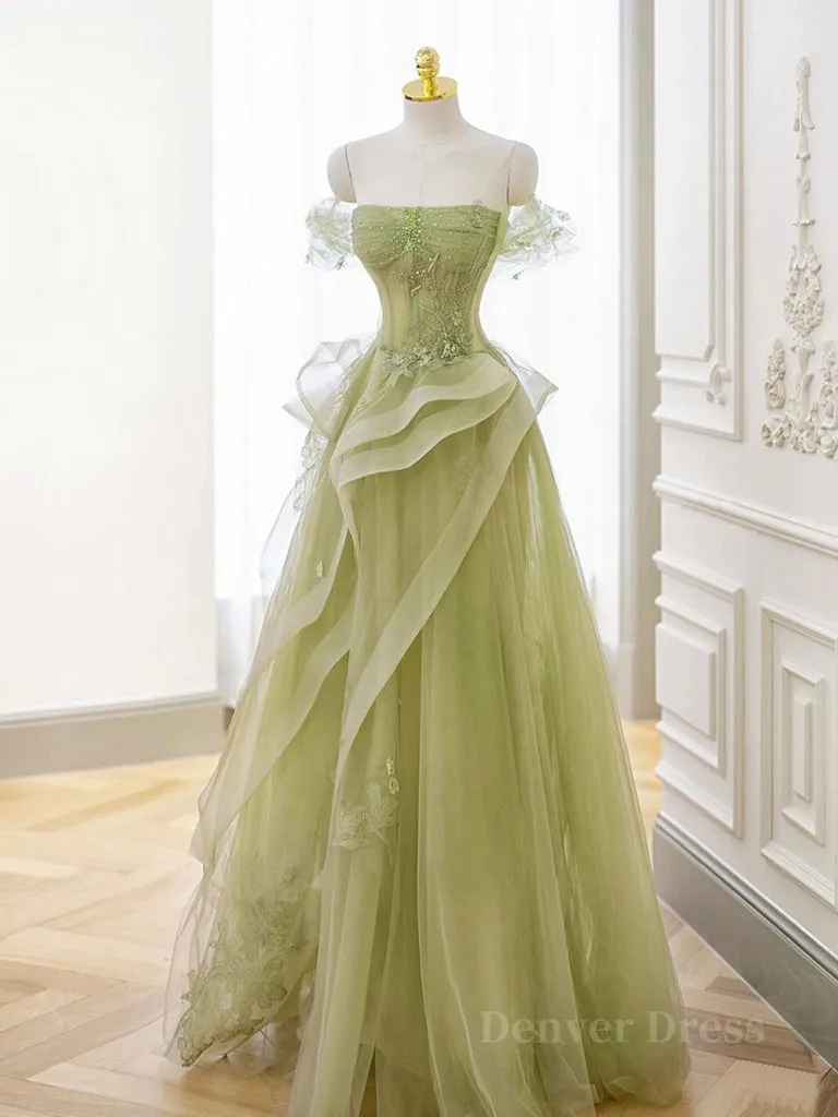 A-Line Off Shoulder Green Lace Long Prom Dress Green Formal Dress