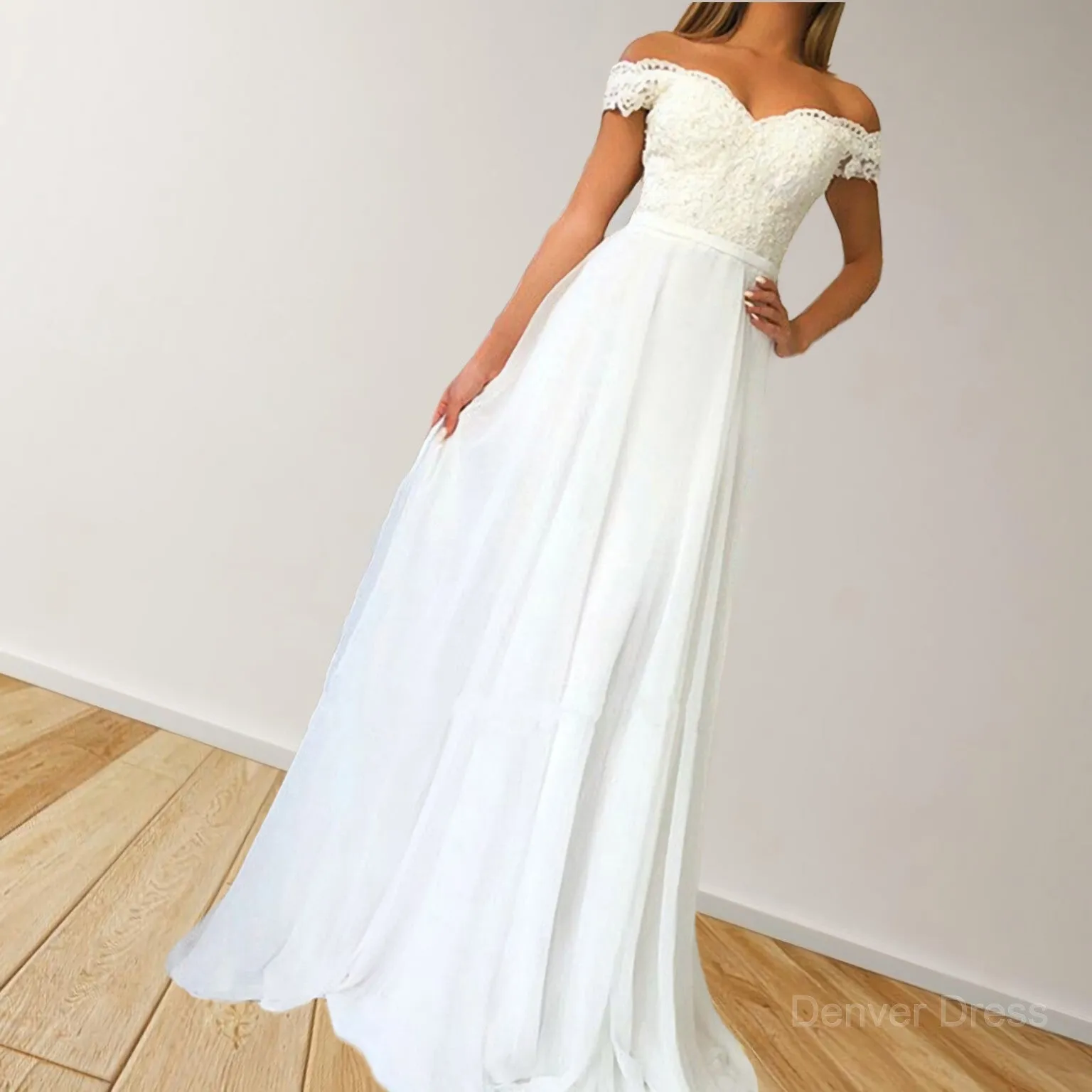 A-Line Off-the-Shoulder Sweep Train Chiffon Prom Dresses With Appliques Lace