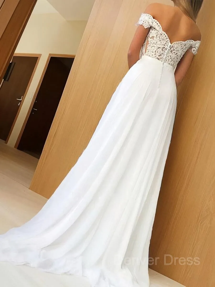 A-Line Off-the-Shoulder Sweep Train Chiffon Prom Dresses With Appliques Lace