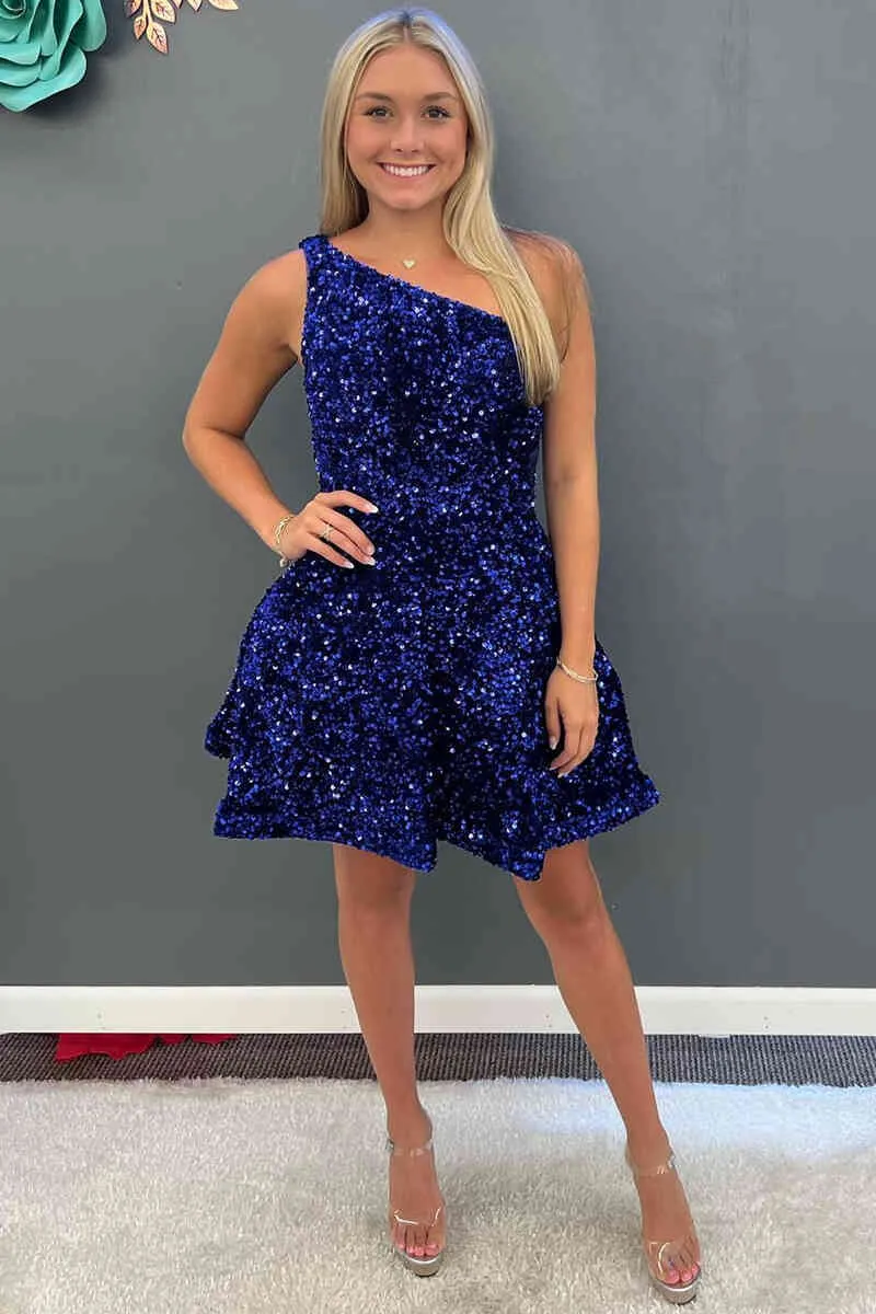 A-Line Short Royal Blue Sequins Homecoming Dress,Cocktail Dresses Parties