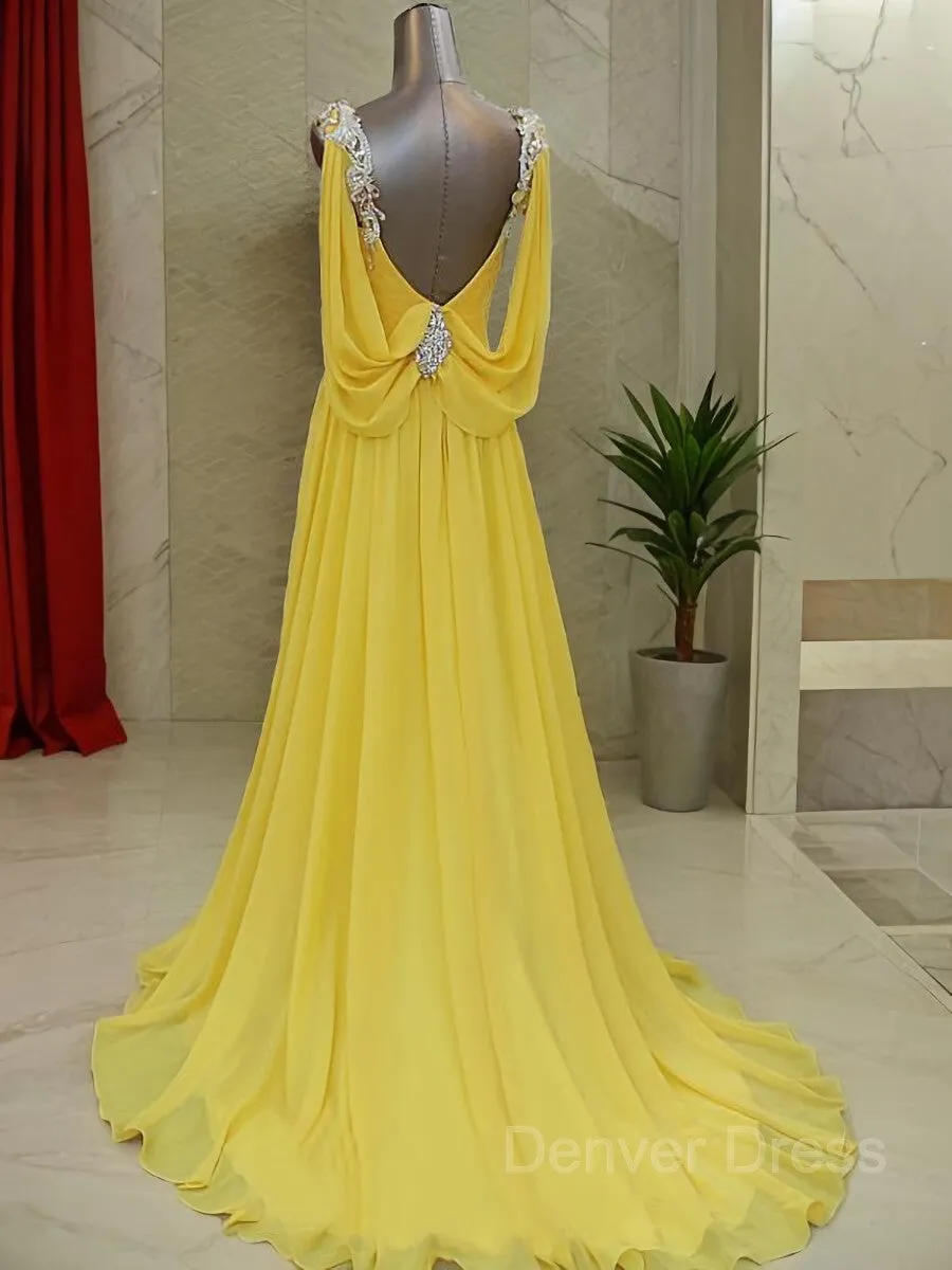 A-Line Straps Sweep Train Chiffon Prom Dresses With Beading