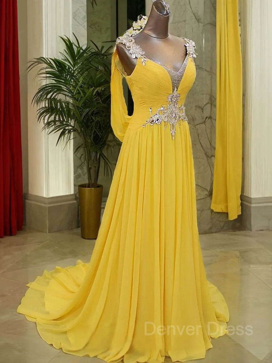 A-Line Straps Sweep Train Chiffon Prom Dresses With Beading