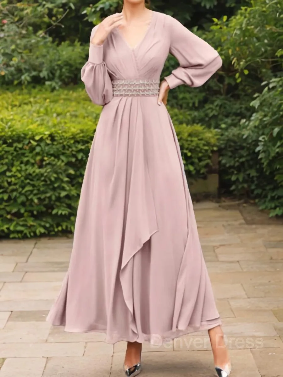 A-Line V-neck Ankle-Length Chiffon Mother of the Bride Dresses With Belt