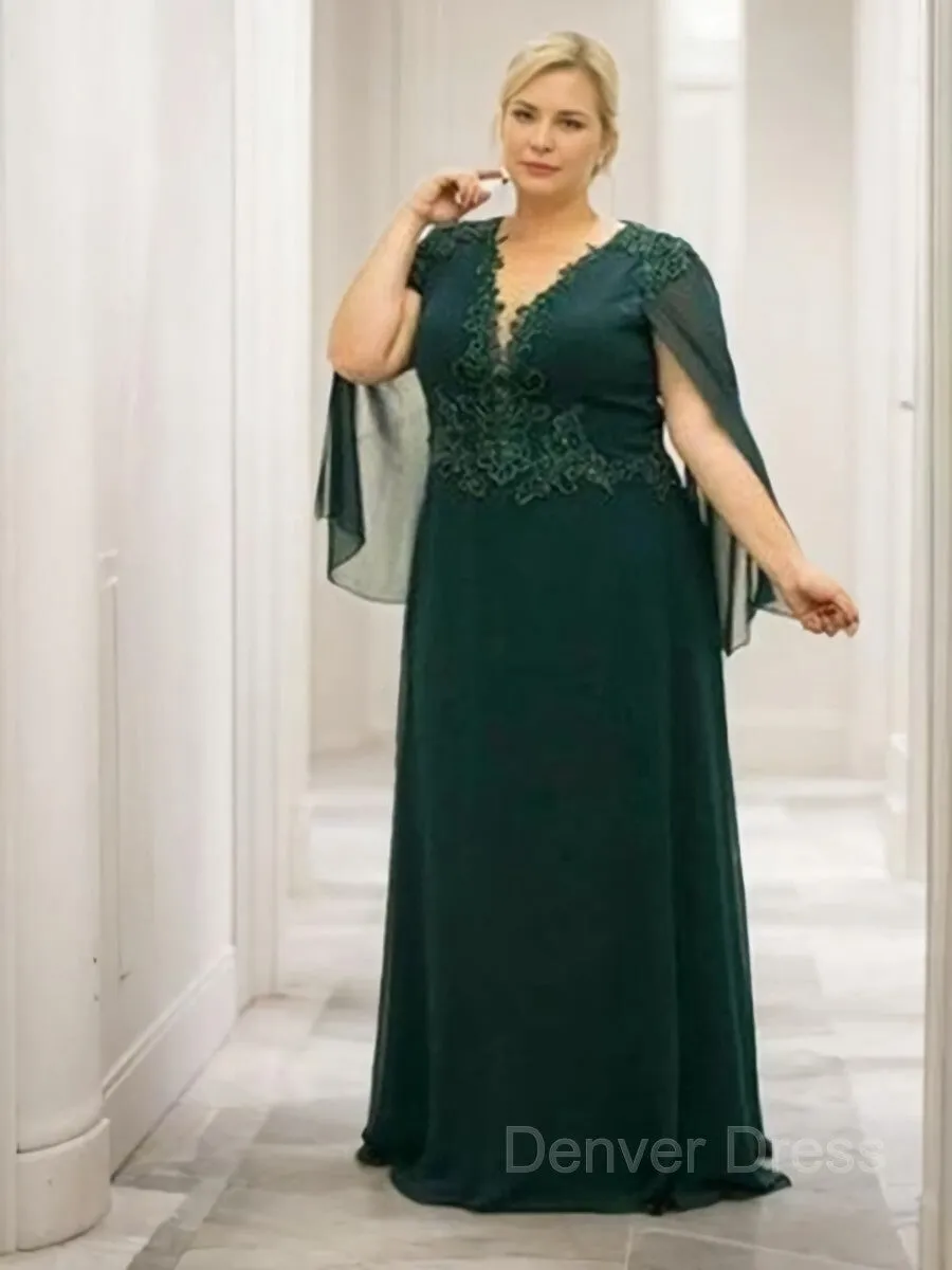 A-Line V-neck Floor-Length 30D Chiffon Mother of the Bride Dresses With Appliques Lace