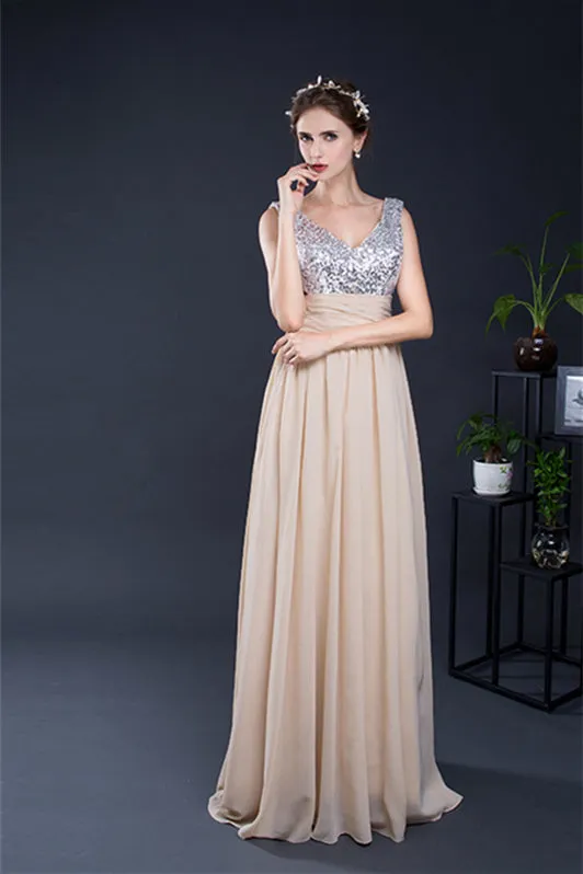 A Line V-Neck Sleeveless Sequins Chiffon Floor Length Prom Dresses