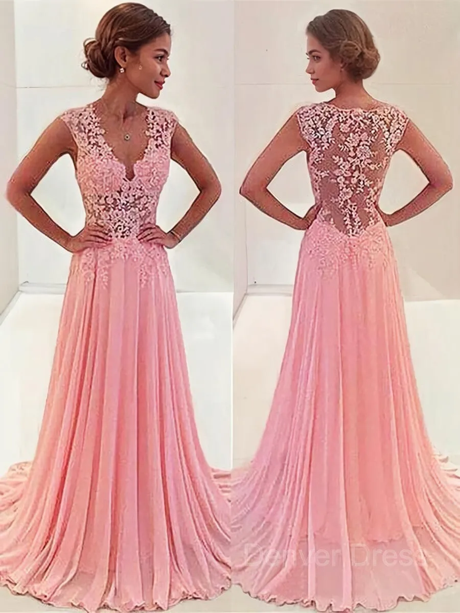 A-Line V-neck Sweep Train Chiffon Prom Dresses With Appliques Lace