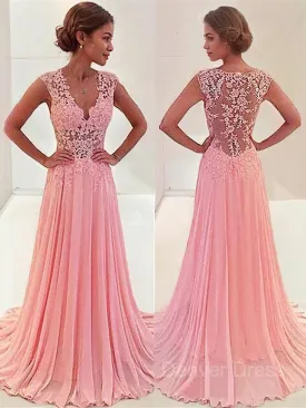 A-Line V-neck Sweep Train Chiffon Prom Dresses With Appliques Lace