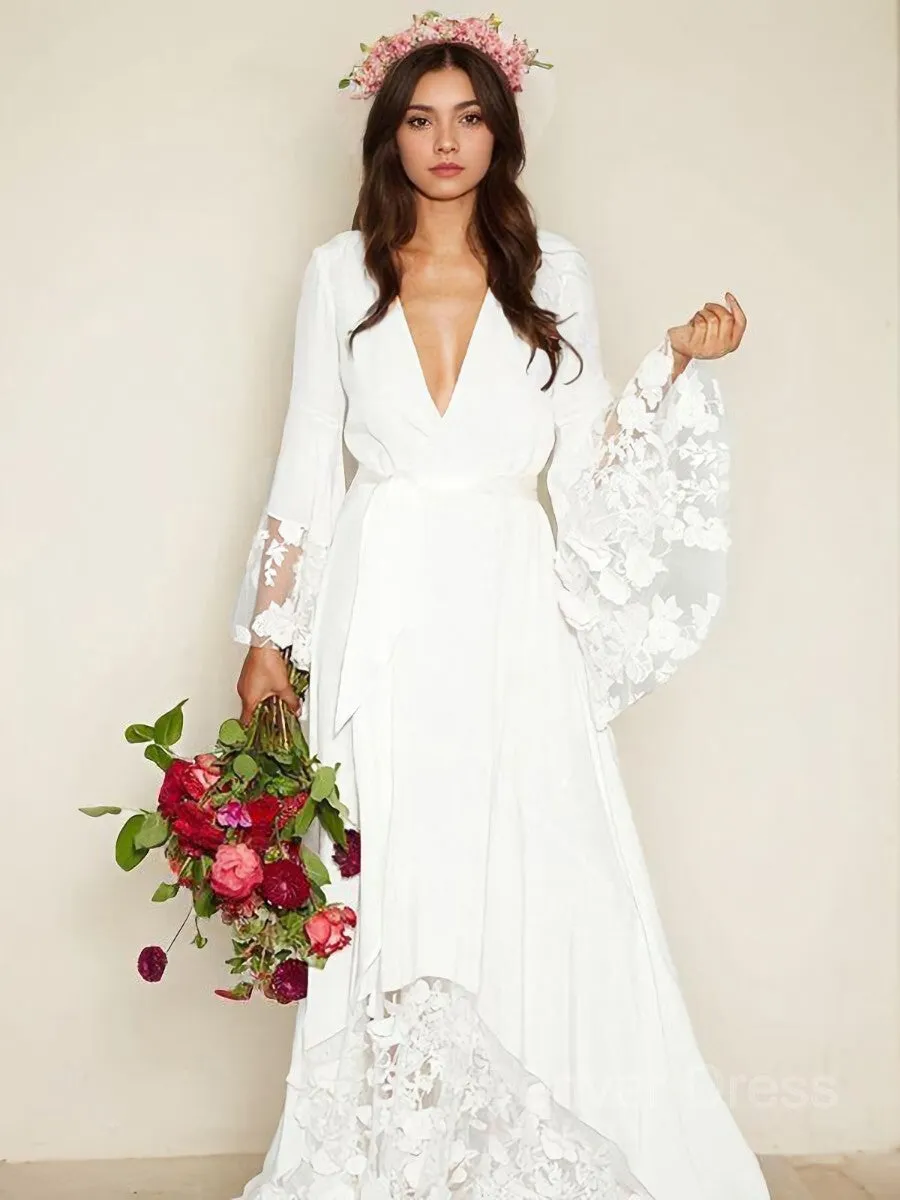 A-Line V-neck Sweep Train Chiffon Wedding Dresses With Sash