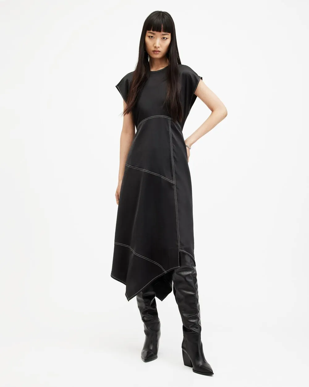 Agnes Asymmetrical Maxi Dress with AllSaints Panels, Black