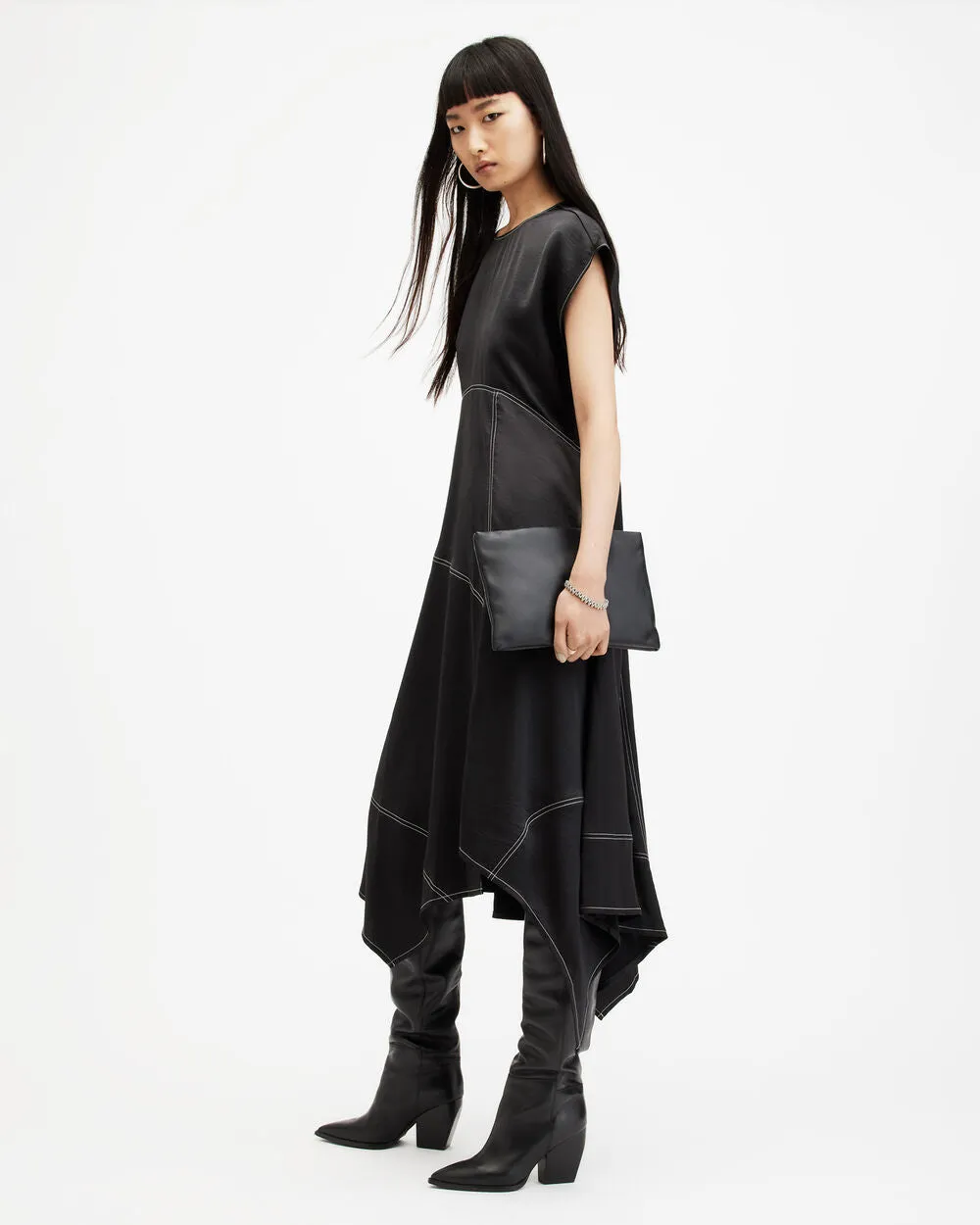 Agnes Asymmetrical Maxi Dress with AllSaints Panels, Black