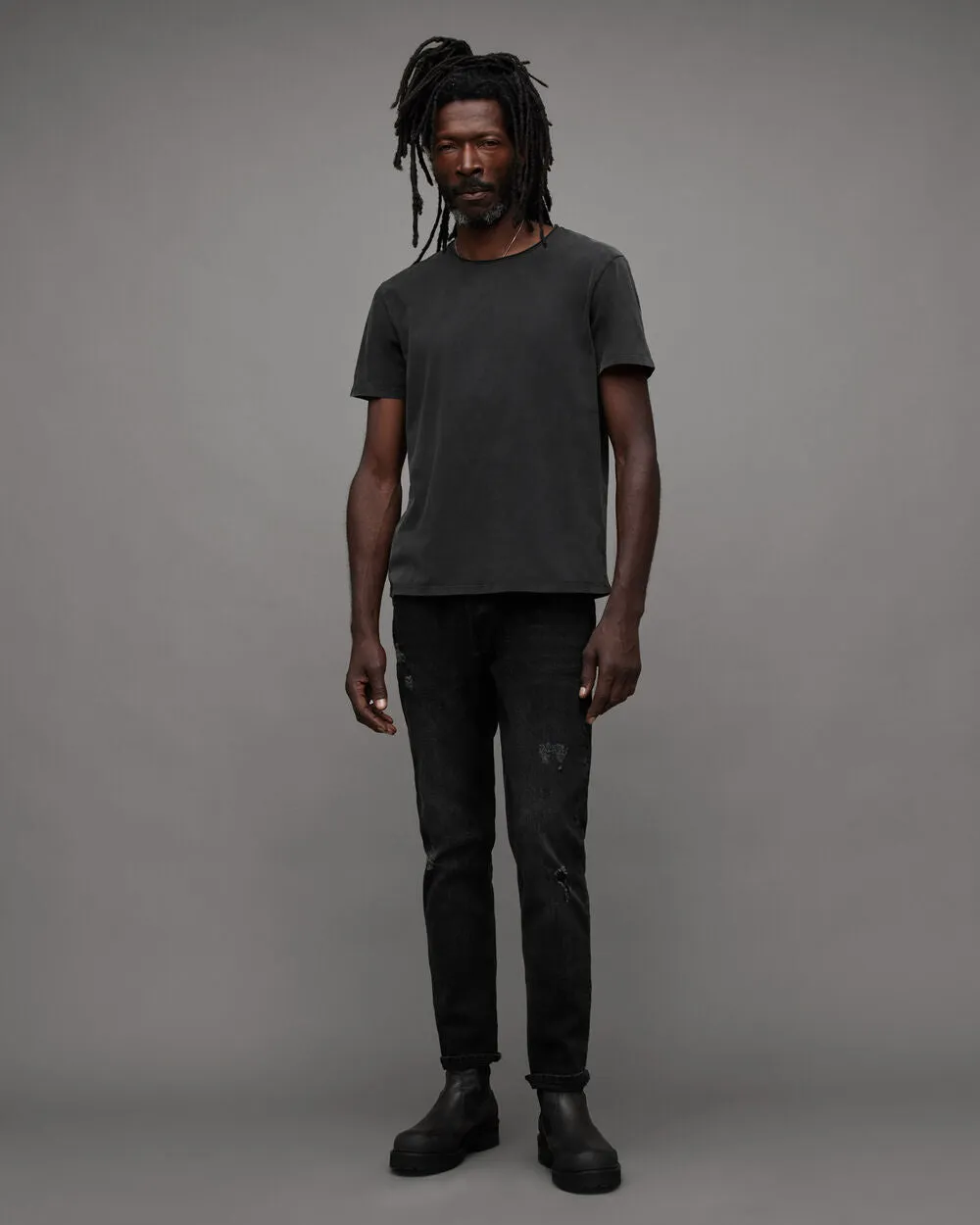 AllSaints Bodega Raw Edge Crew Neck Tee, Black Wash