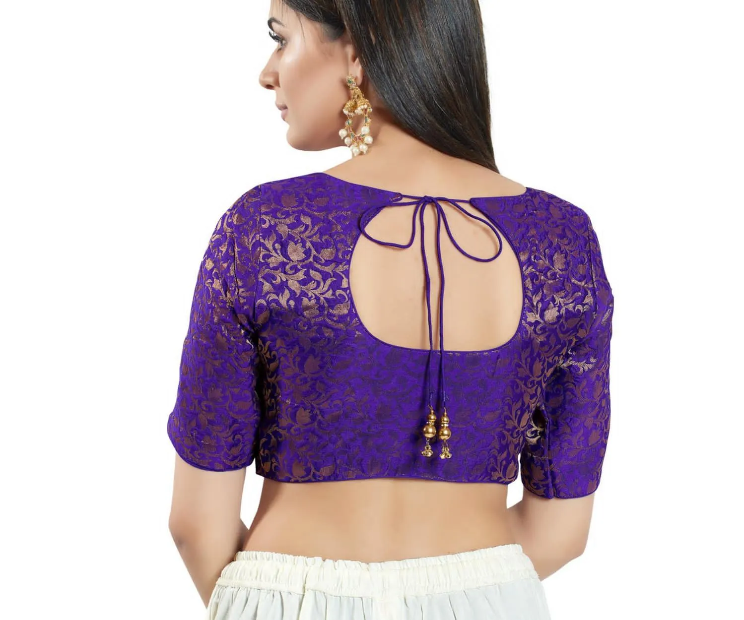 Appealing Purple Colored Elbow Sleeve Front Open And Round Neck Pattern Readymade Blouse