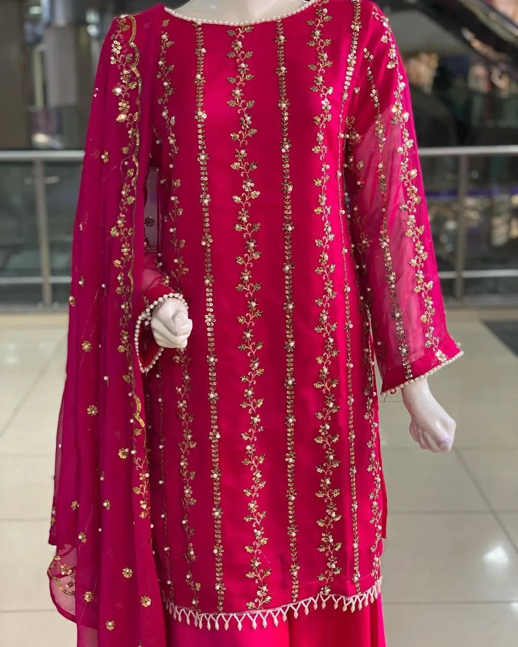 Attractive Red Color Heavy Faux Georgette Embroidery Sequins Work Palazzo Suits