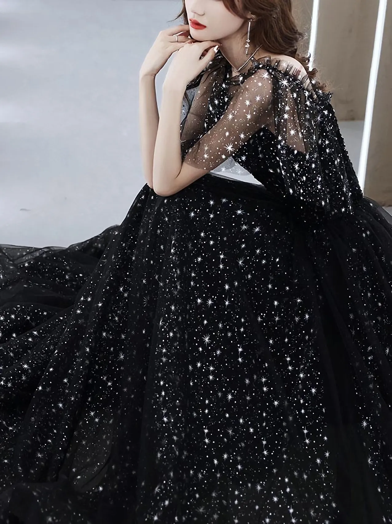 Black Tulle Off Shoulder Tulle Long Prom Dress, Black Evening Dress