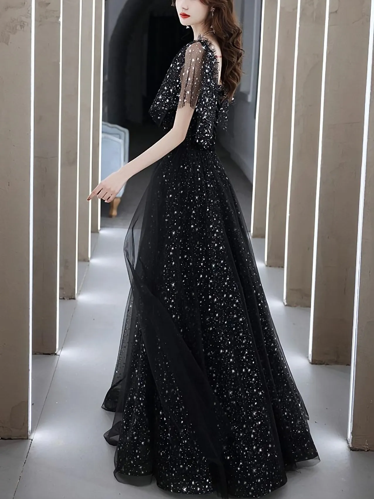 Black Tulle Off Shoulder Tulle Long Prom Dress, Black Evening Dress