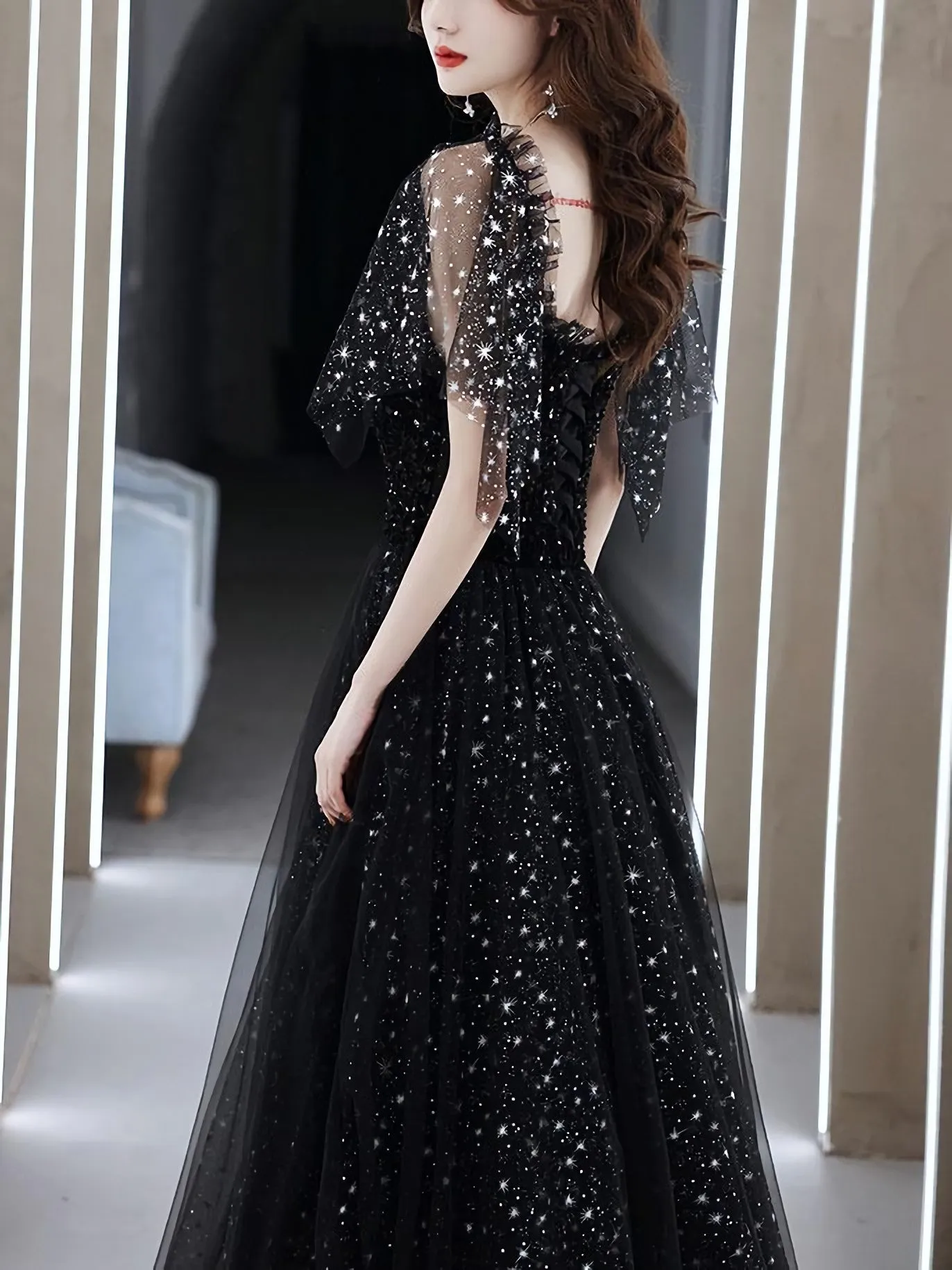 Black Tulle Off Shoulder Tulle Long Prom Dress, Black Evening Dress