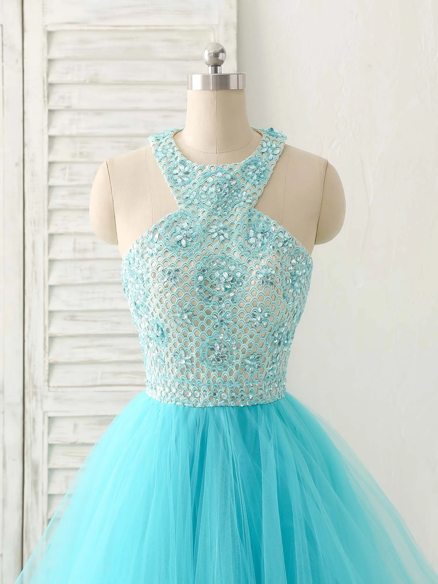 Blue High Neck Tulle Long Prom Dress Blue Evening Dress