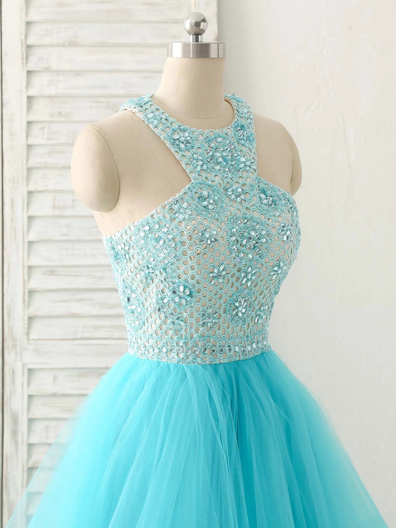 Blue High Neck Tulle Long Prom Dress Blue Evening Dress