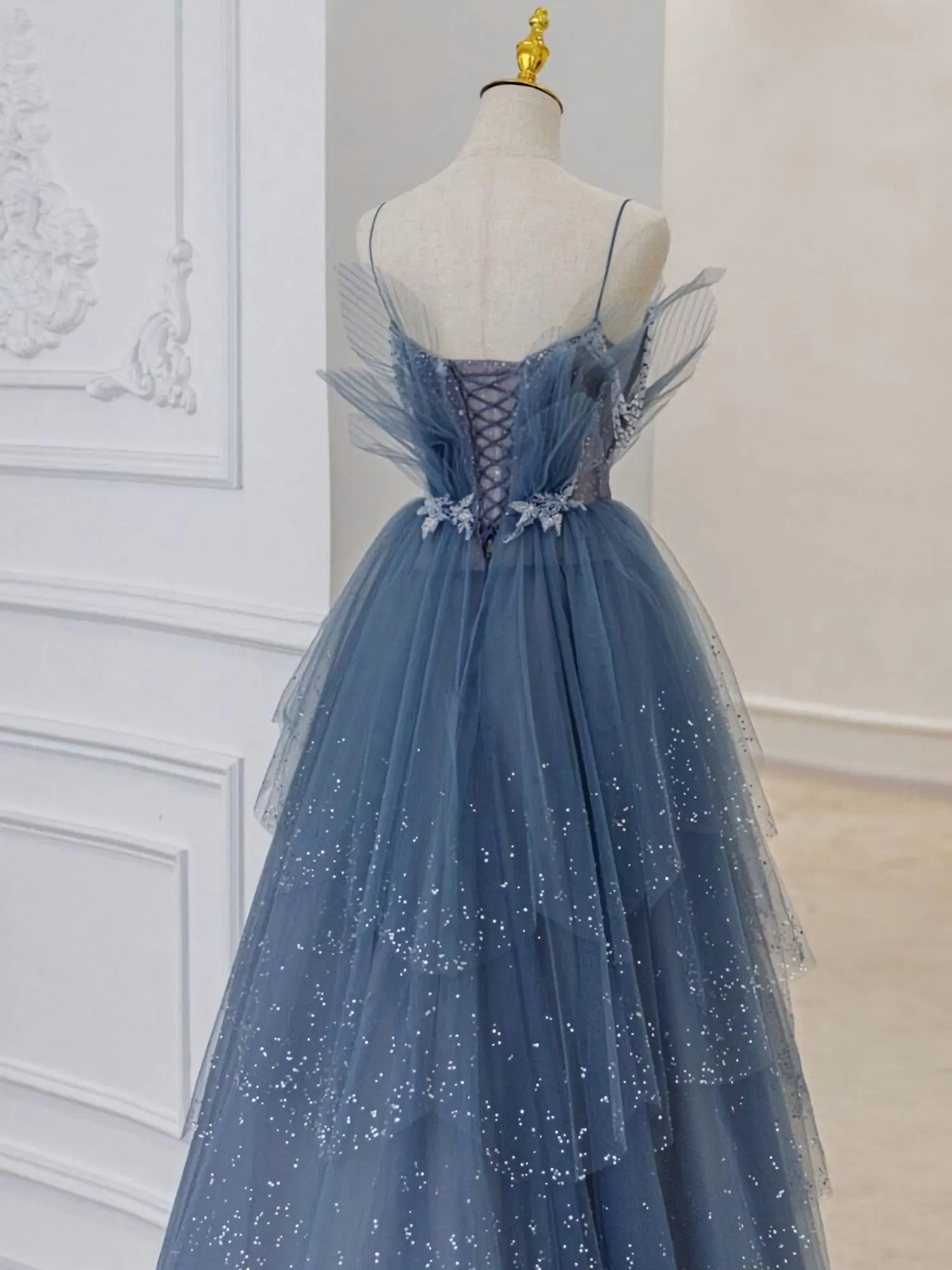 Blue Sweetheart Tulle Sequin Long Prom Dress Blue Evening Dress