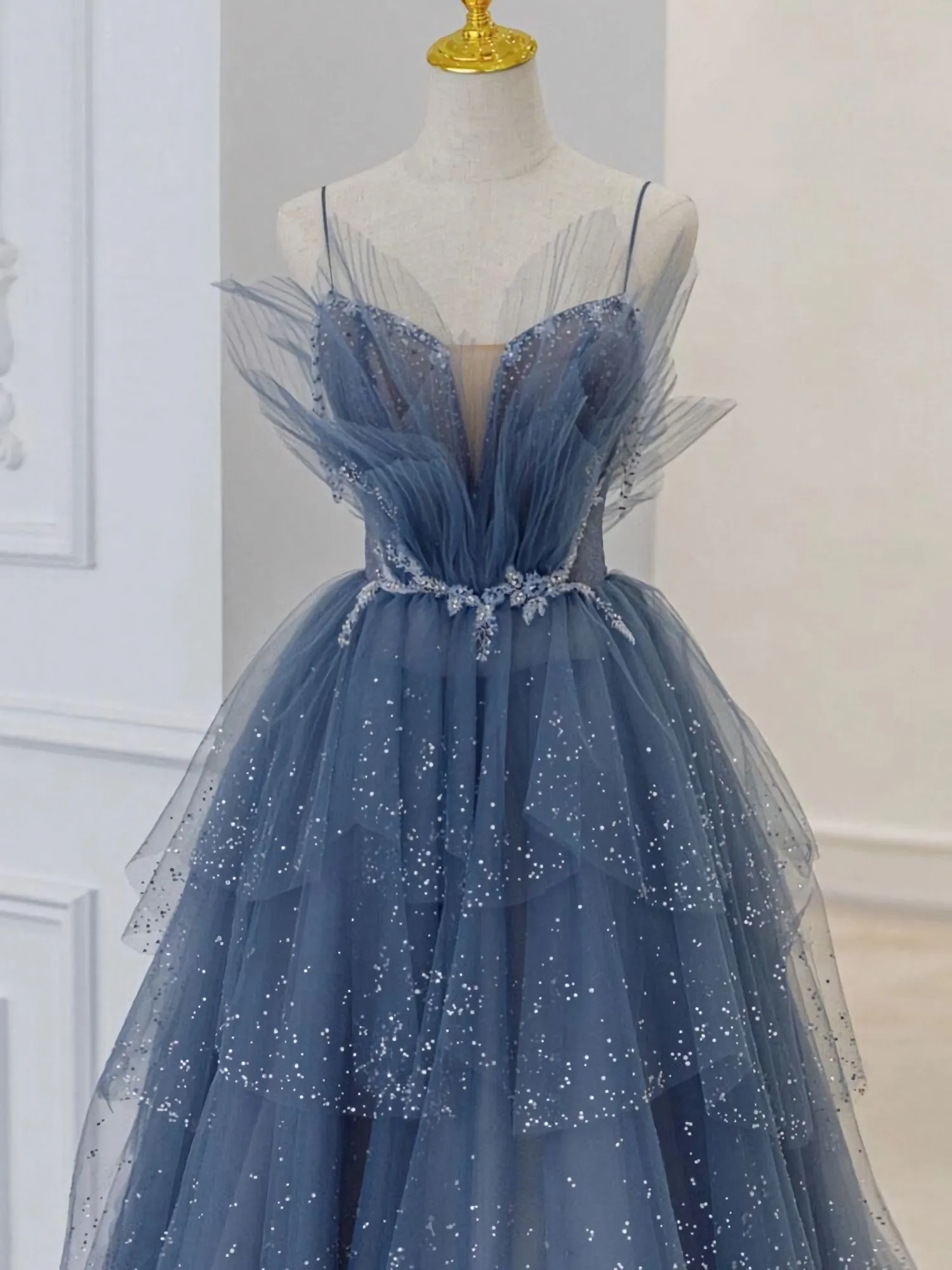 Blue Sweetheart Tulle Sequin Long Prom Dress Blue Evening Dress