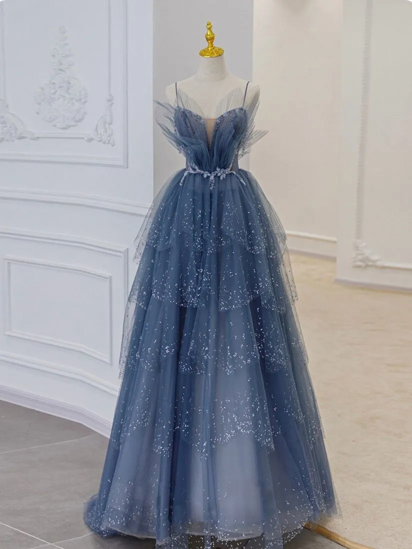 Blue Sweetheart Tulle Sequin Long Prom Dress Blue Evening Dress