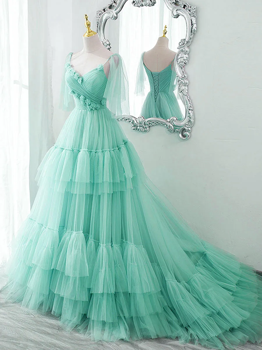 Blue v neck tulle long prom dress, blue tulle formal dress