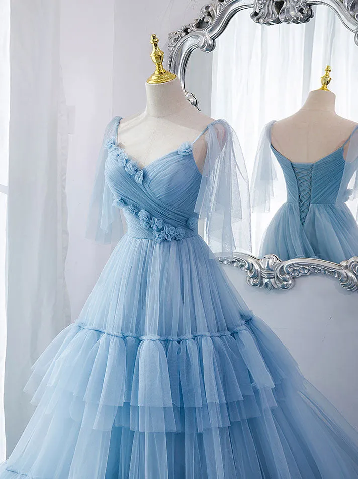 Blue v neck tulle long prom dress, blue tulle formal dress