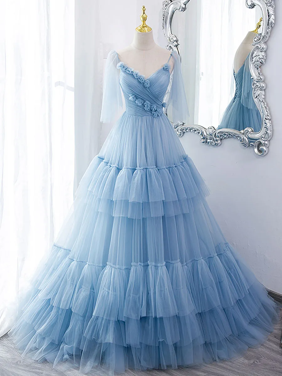 Blue v neck tulle long prom dress, blue tulle formal dress