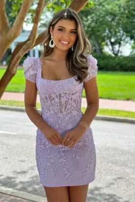 Bodycon Square Neck Lavender Homecoming Dress with Appliques