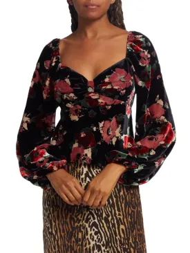 Bridgette Velvet Blouse with Rixo Floral Print in Black Pop