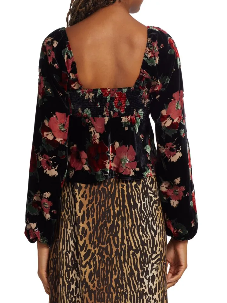 Bridgette Velvet Blouse with Rixo Floral Print in Black Pop