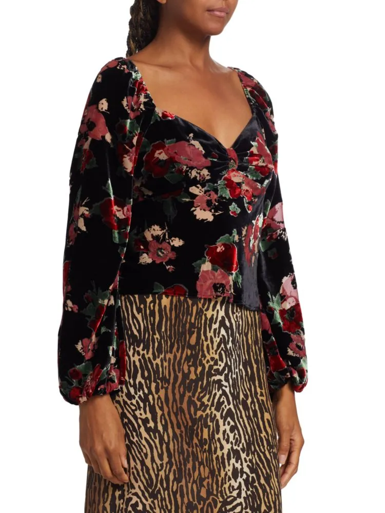 Bridgette Velvet Blouse with Rixo Floral Print in Black Pop