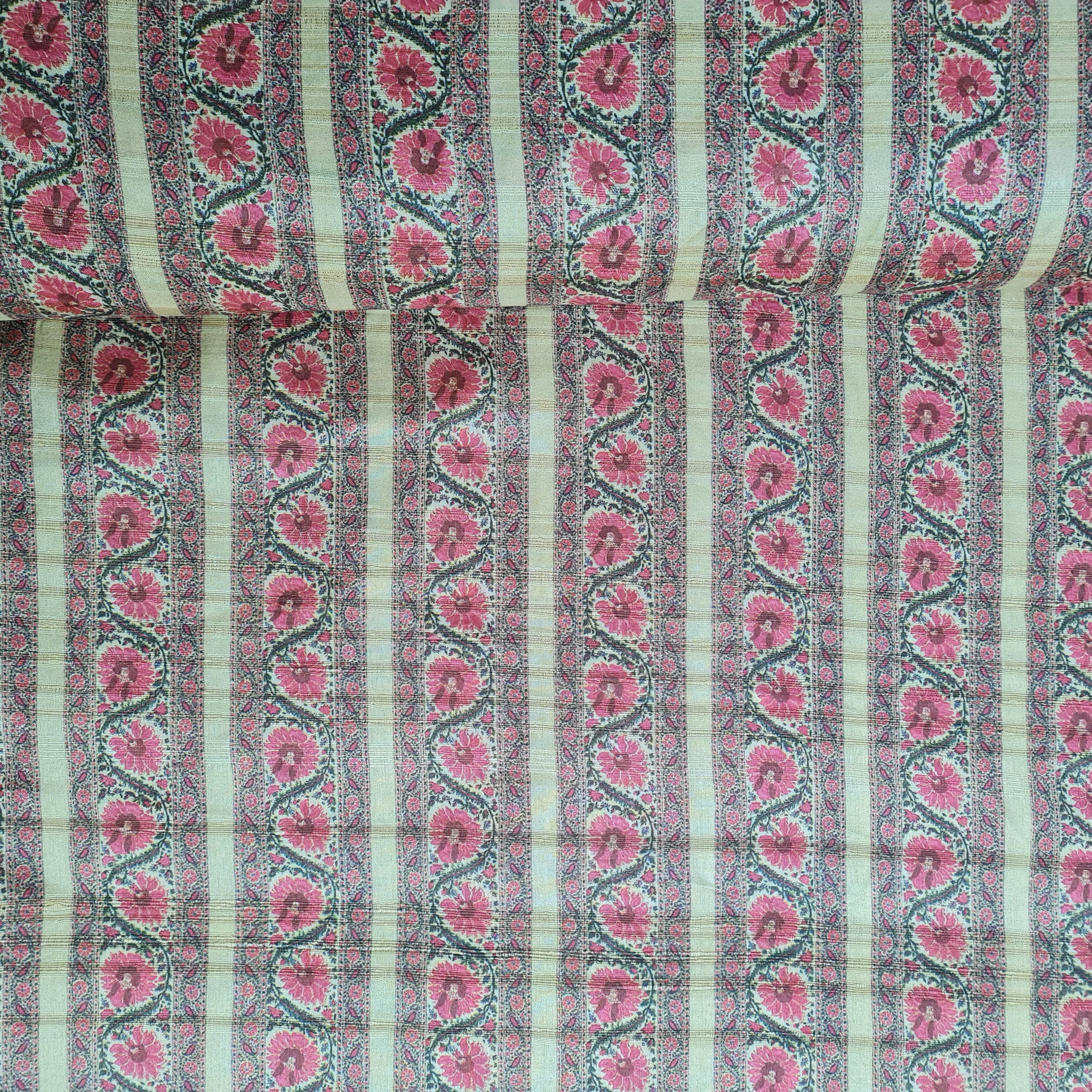 Brown With Cream Traditional Floral Print Dobbysser Silk Fabric