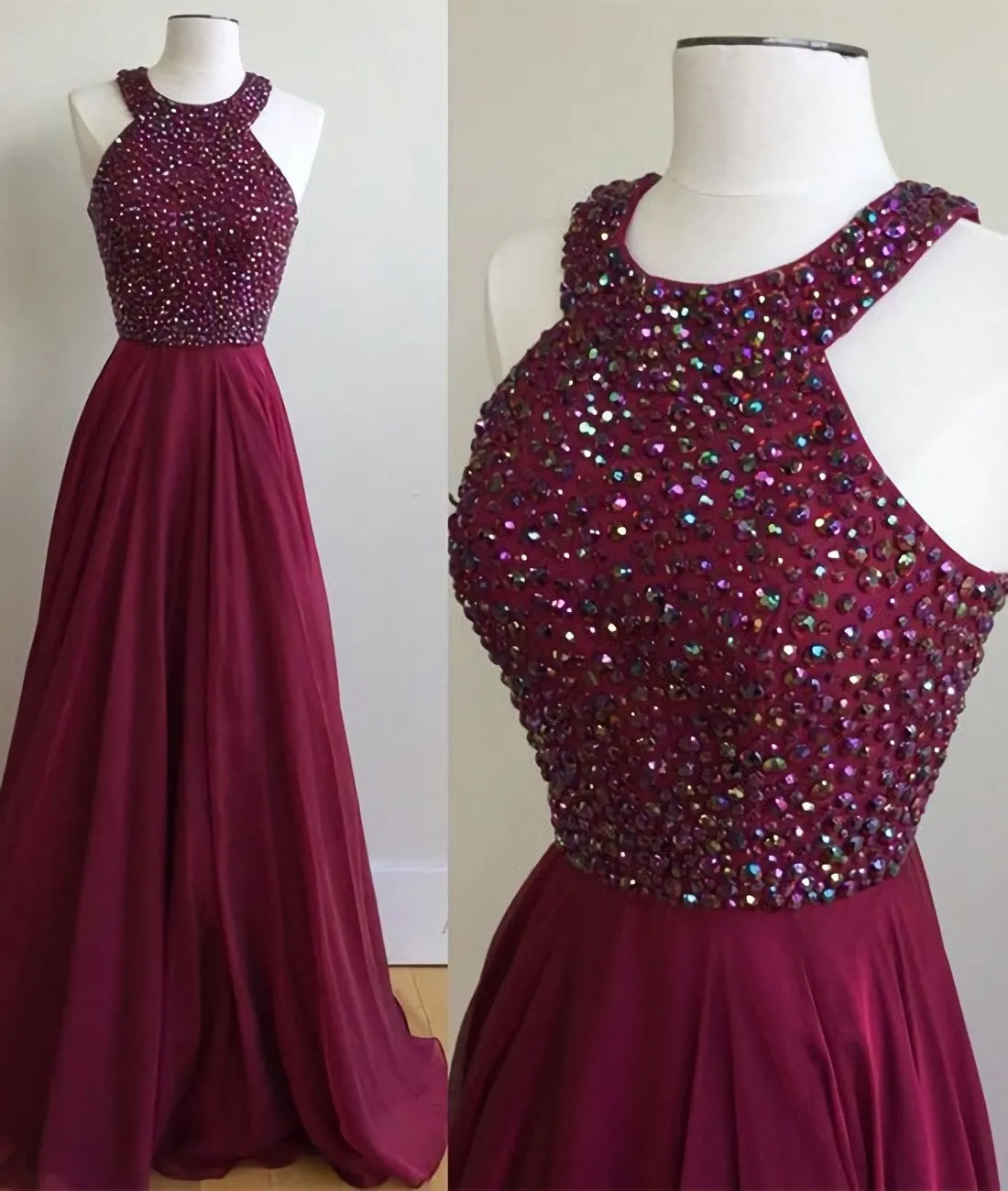 Burgundy Chiffon Long Halter Beading Elegant Burgundy A Line Prom Dresses