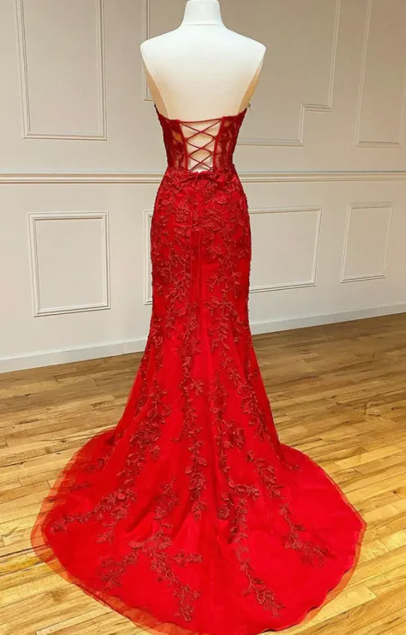 Burgundy lace long prom dress mermaid evening dress      S836