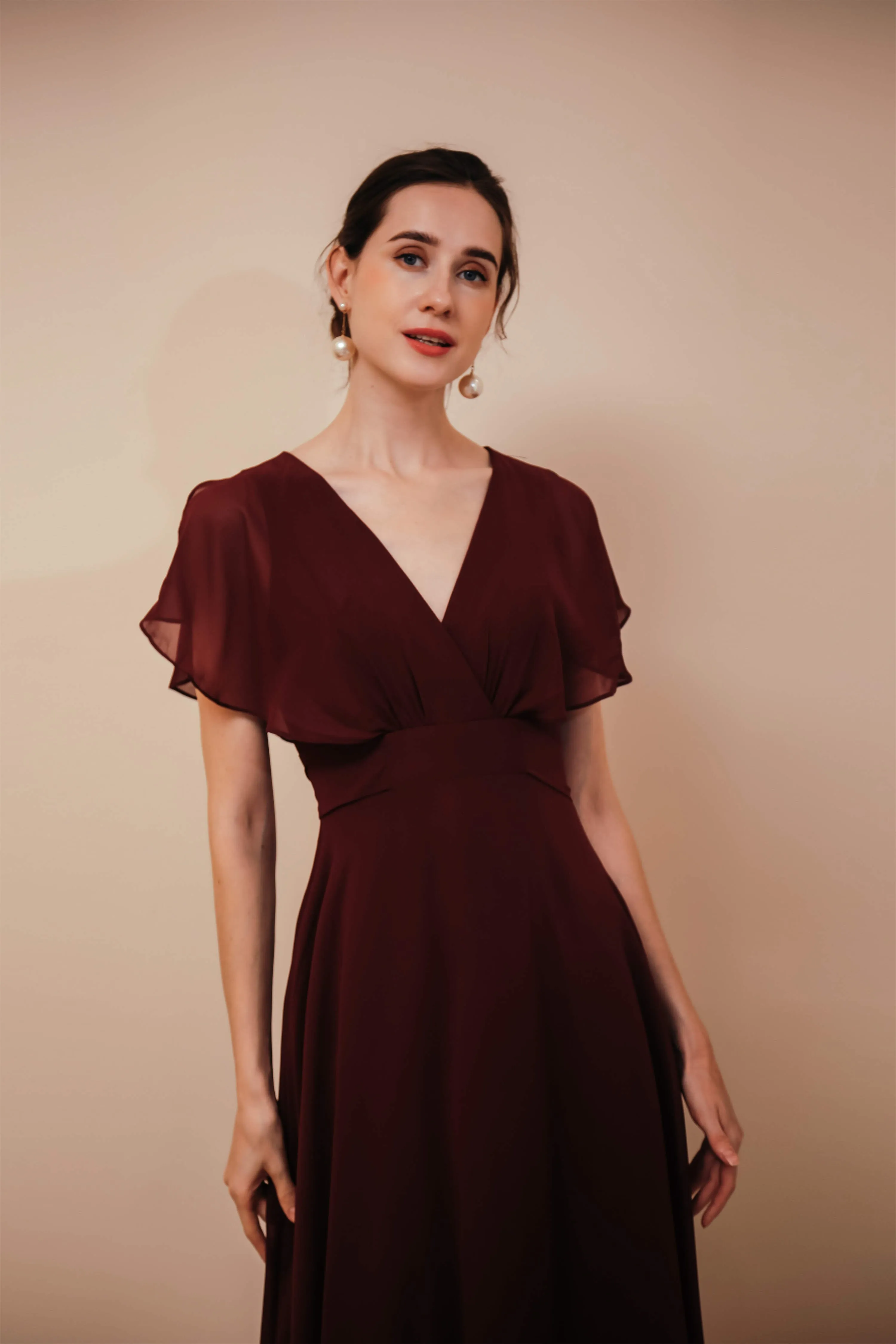 Burgundy V-Neck Chiffon A Line Long Prom Dresses