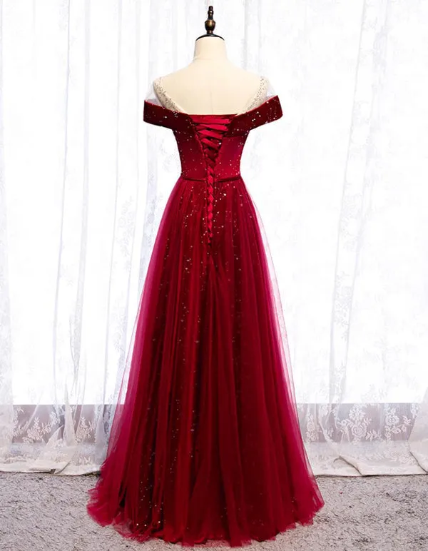 Cap Sleeve Red Sparkly Tulle Long Evening Prom Dresses