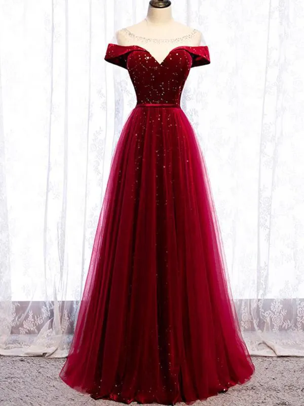 Cap Sleeve Red Sparkly Tulle Long Evening Prom Dresses