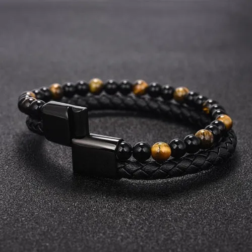 Classy Men Dual Beaded Leather Bracelet