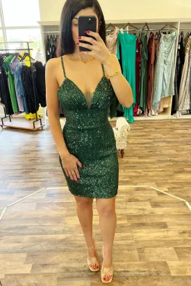 Dark Green Sequin Plunge V Lace-Up Back Short Formal Dress