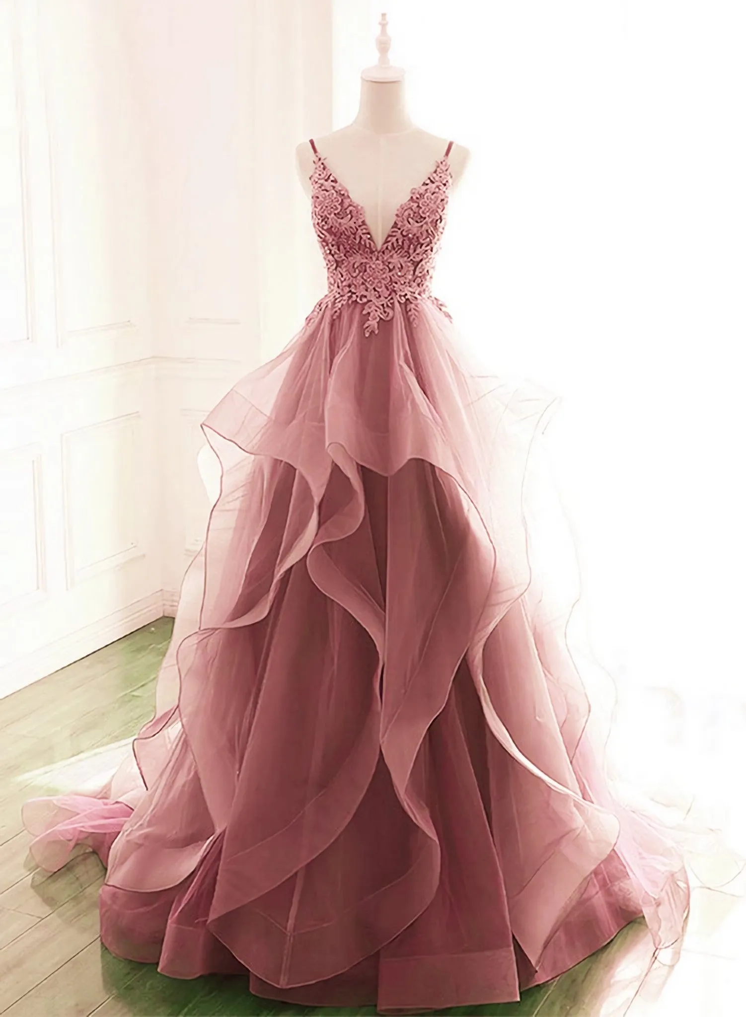 Dark Pink V Neck Tulle Lace Prom Dress Spaghetti Strap Prom Dress Ruffle A Line Formal Dress