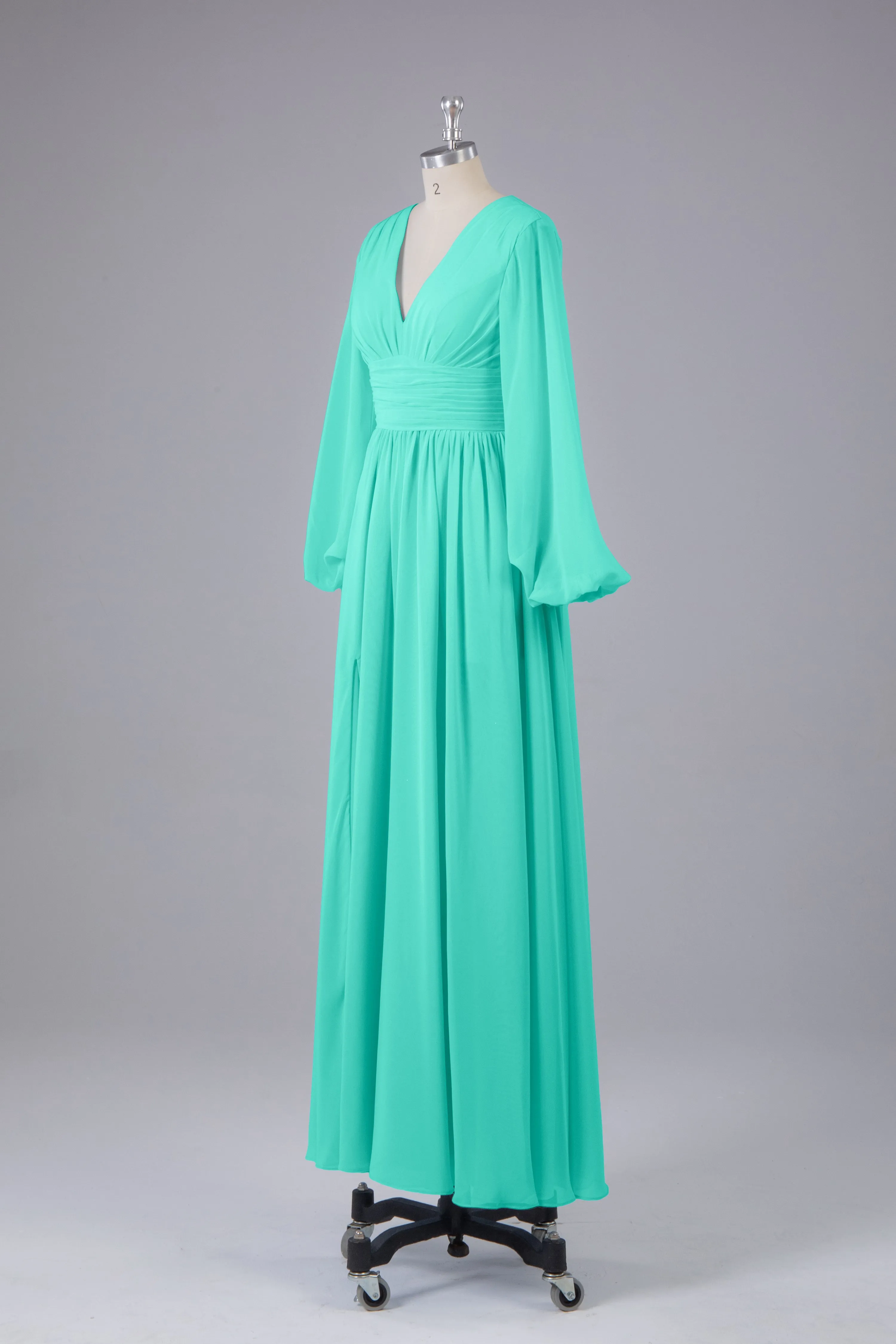 Elegant Long Sleeves V Neck Chiffon Long Bridesmaid Dresses