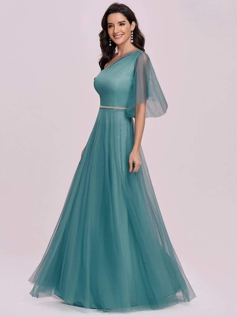 Elegant One Shoulder Beaded Waistline Maxi Tulle Bridesmaid Dress