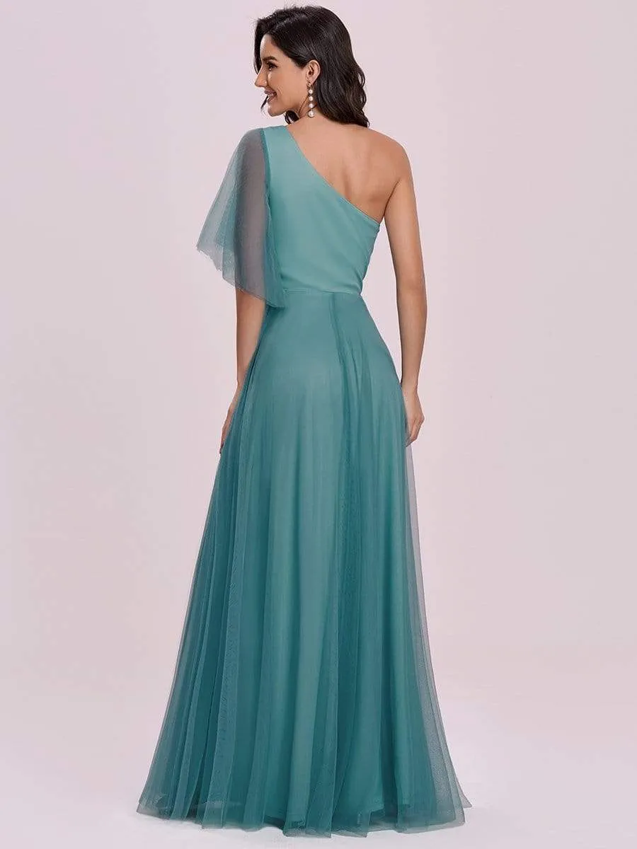 Elegant One Shoulder Beaded Waistline Maxi Tulle Bridesmaid Dress