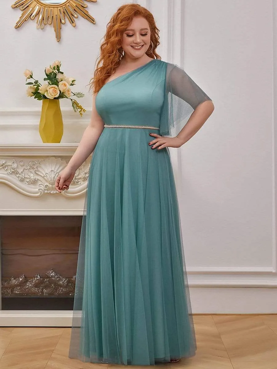 Elegant One Shoulder Beaded Waistline Maxi Tulle Bridesmaid Dress